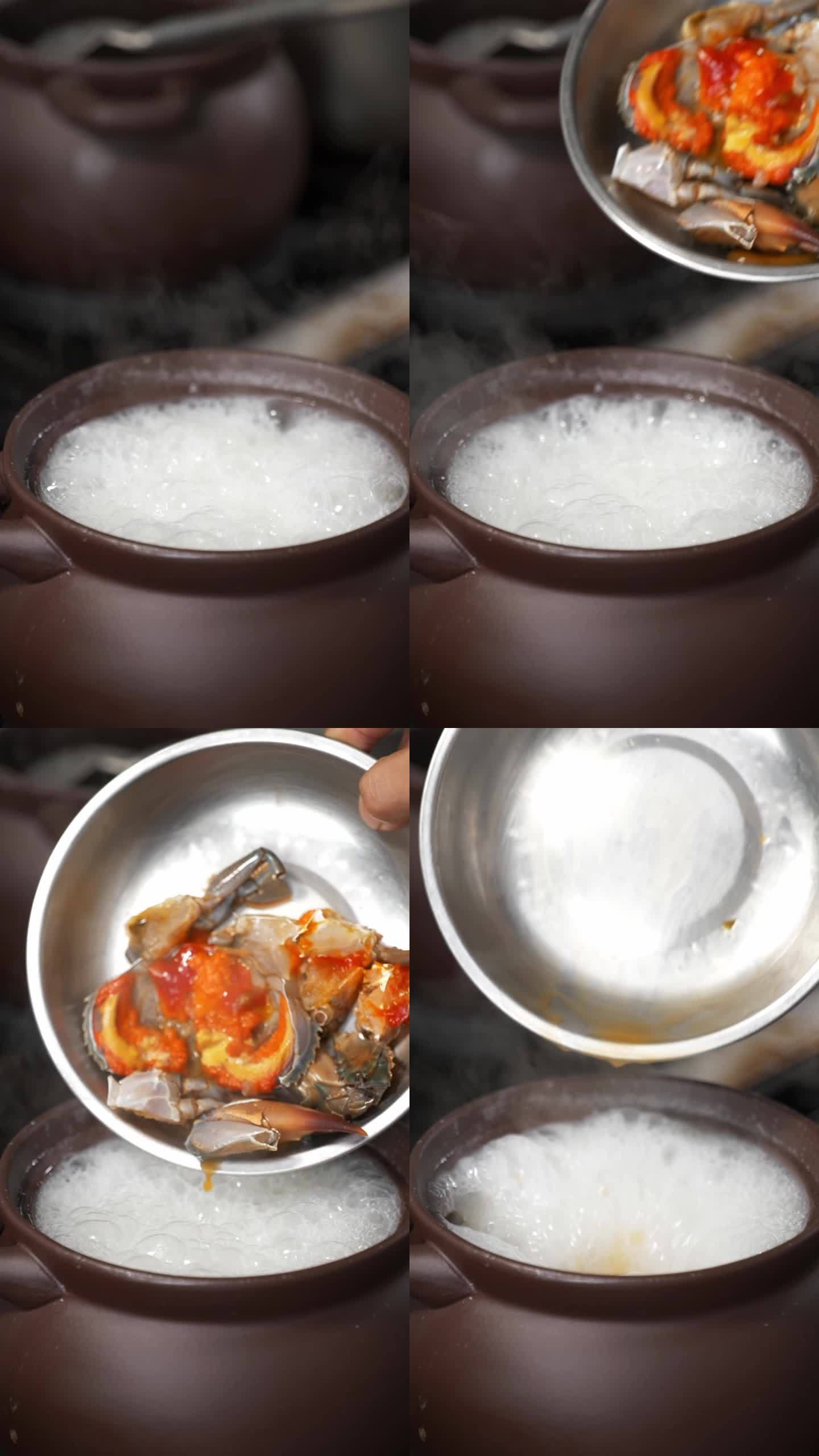 粥在砂锅里熬制放入螃蟹