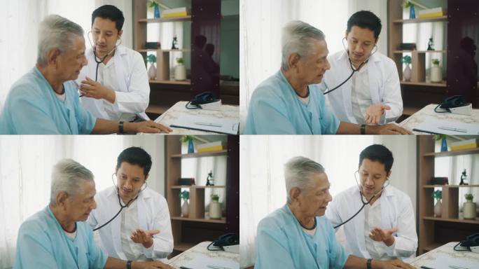 医生在家探望老年患者并在家使用听诊器