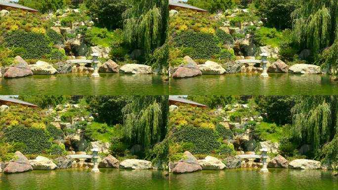 美丽的日本花园景观-湖边绿意盎然的房子
