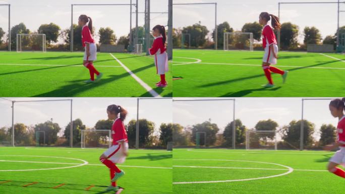 女性儿童足球或足球队成员在足球或足球场上进行敏捷性和速度跑训练