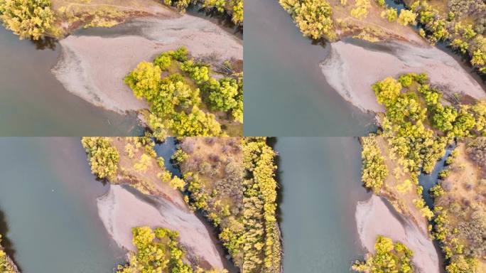 航拍秋天的河流沙洲（根河湿地）
