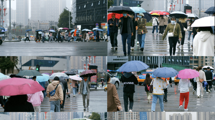 人流打伞的行人上班族下雨天过马路