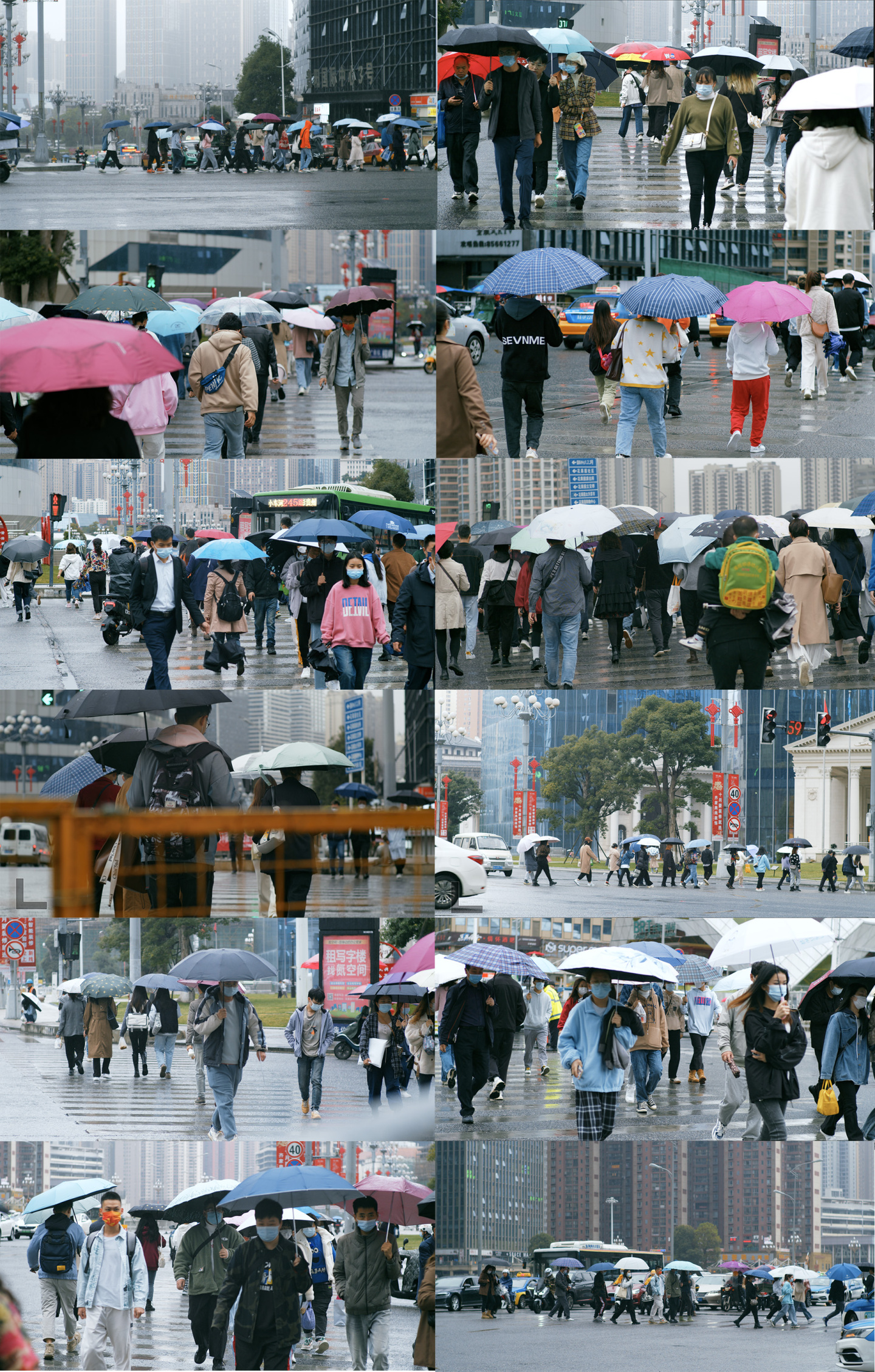 人流打伞的行人上班族下雨天过马路