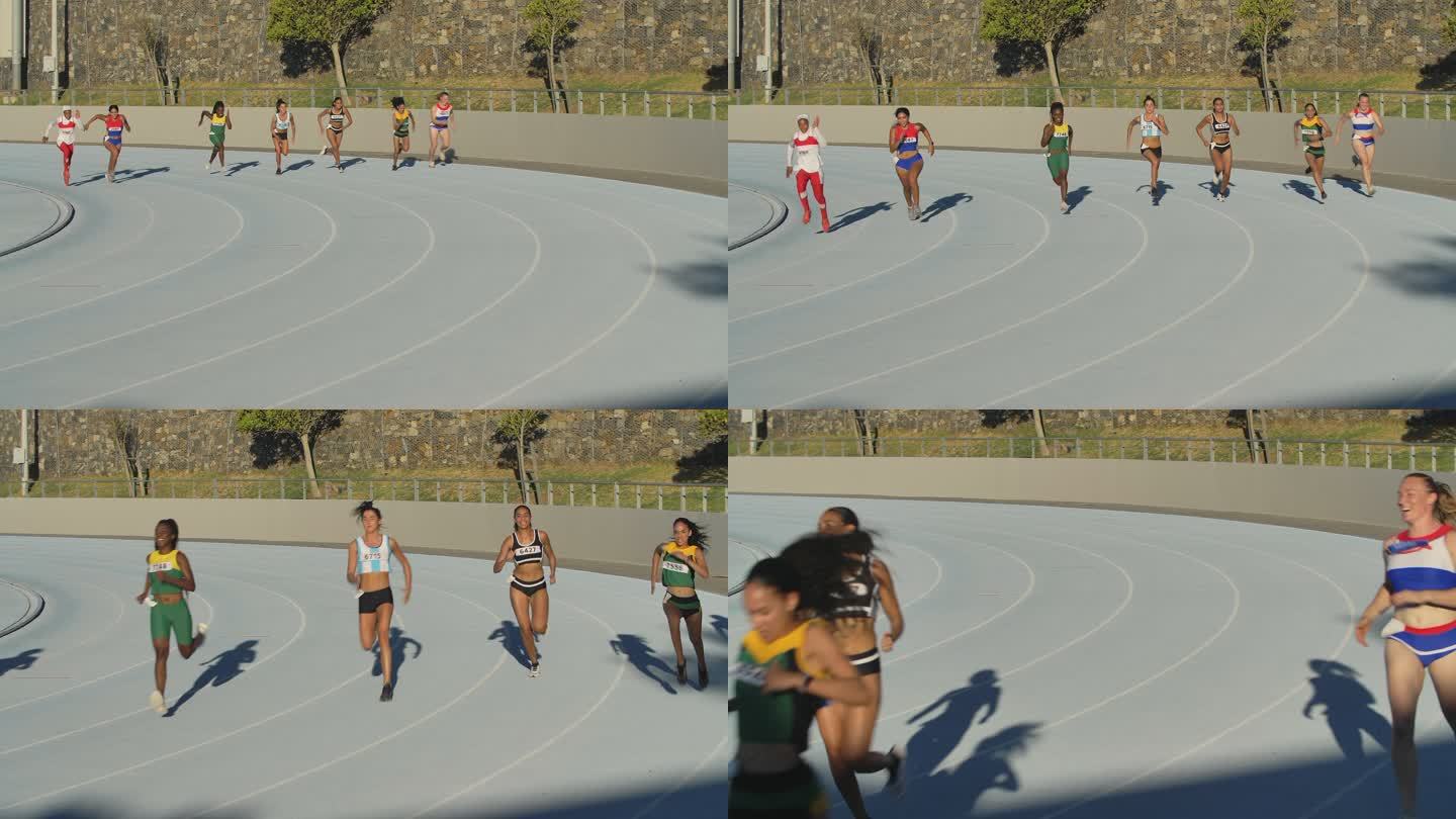 女子田径运动员在晴朗的蓝色跑道上跑步