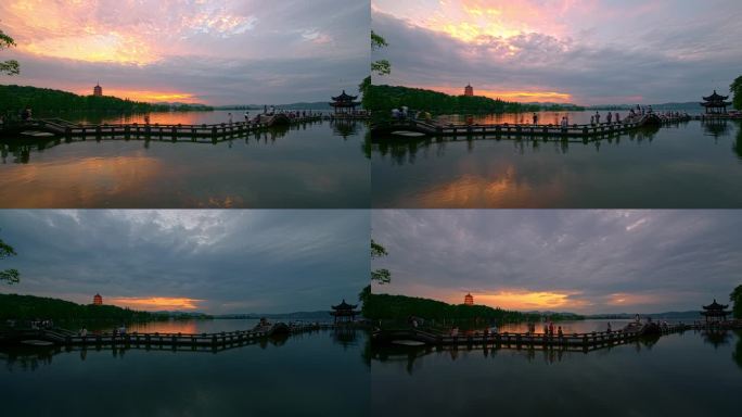 杭州西湖名胜景区长桥公园日落时分美景