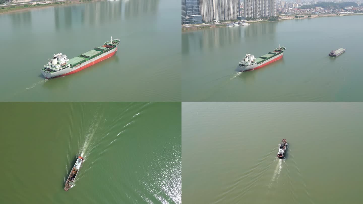 河面上过往的货船航拍视频