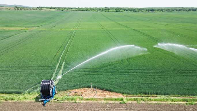 智能农业。麦田遥控灌溉设备。