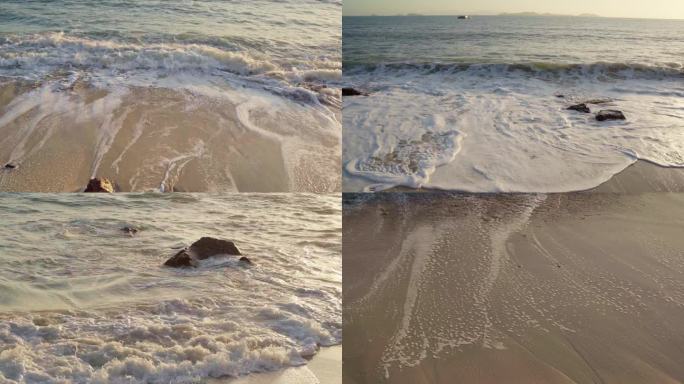 清晨夕阳海边汹涌的海浪