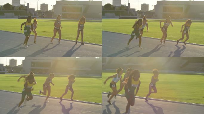 女子田径短跑运动员在阳光明媚的赛道上比赛