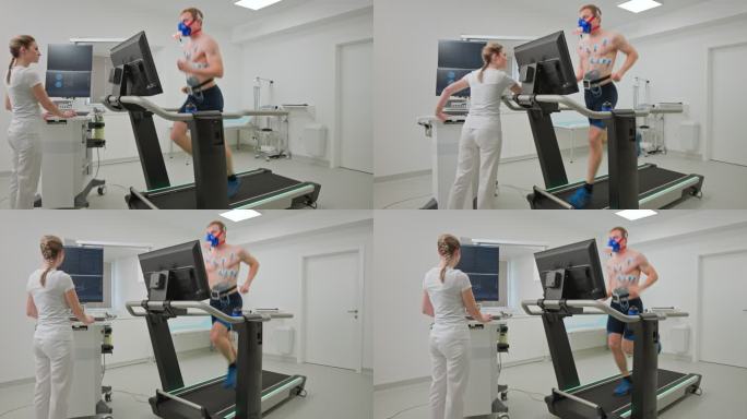 年轻的男性运动员在诊所的跑步机上做心肺压力测试