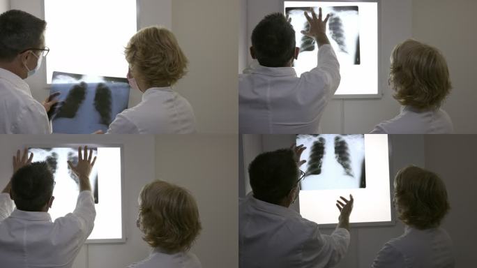 医生戴着防护口罩，在鼻内镜X光片的后视图