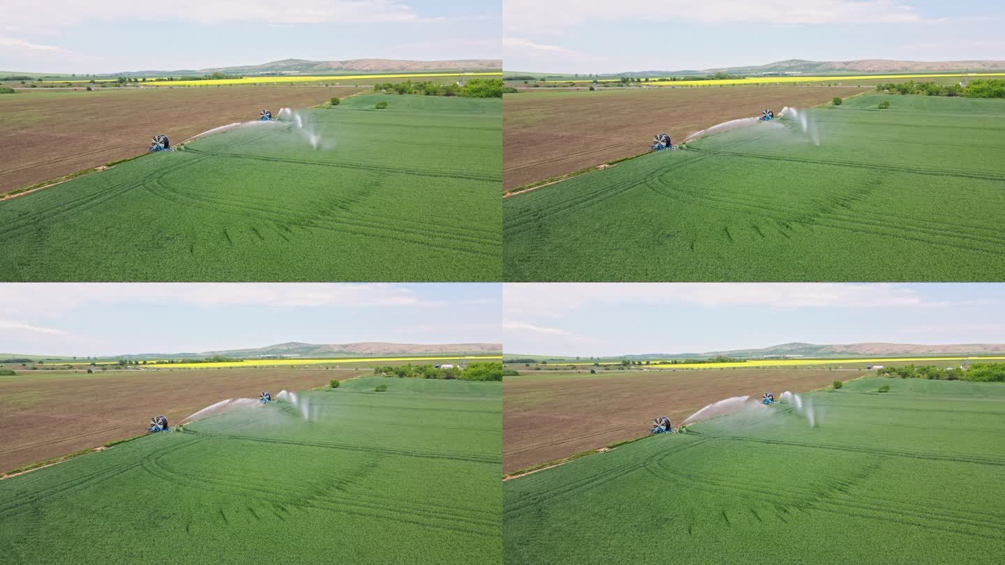 智能农业。麦田遥控灌溉设备。