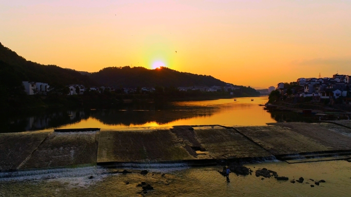 航拍渔梁坝古镇 码头唯美夕阳晚霞黄山歙县