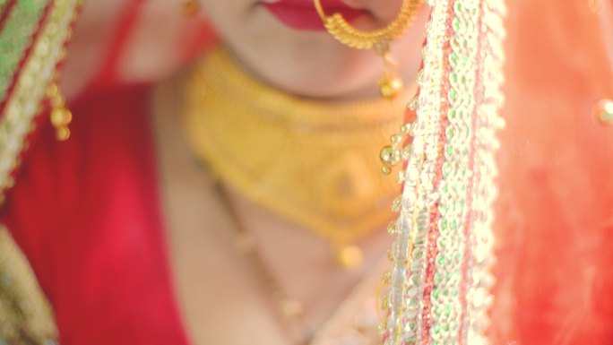 美丽的印度新娘穿着传统服装看着镜头。