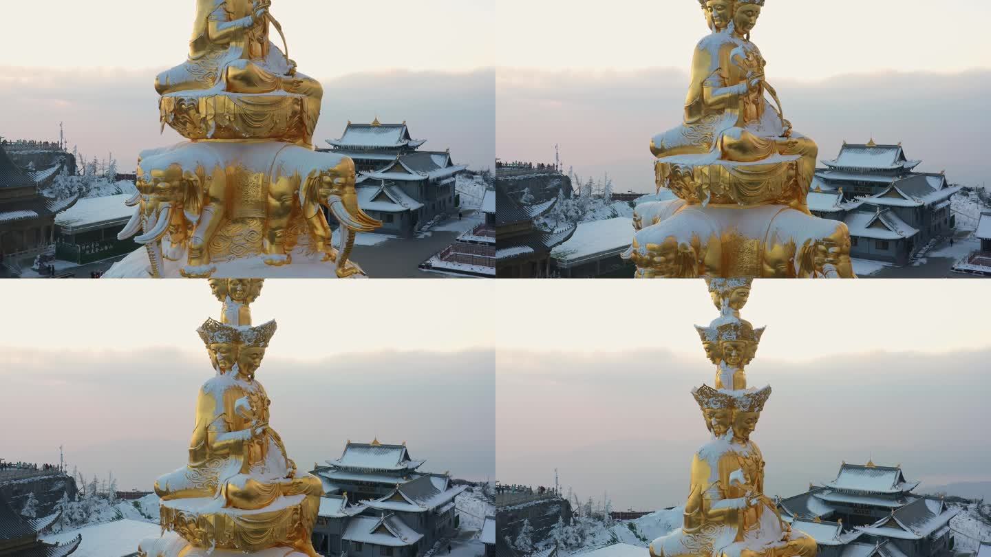 航拍冬天清晨的峨眉山金顶雪景