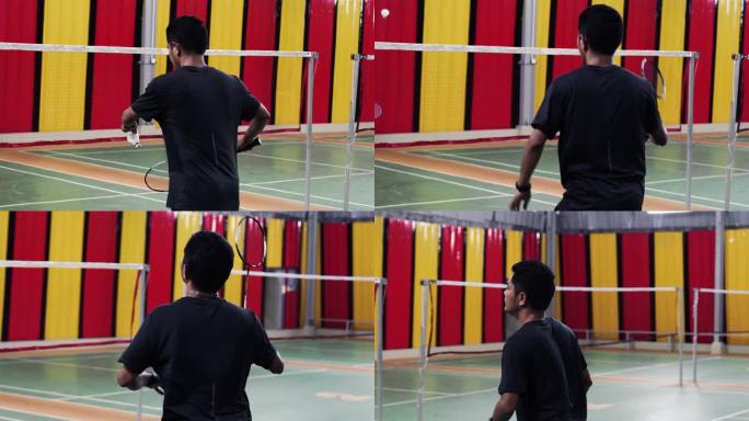 中年男子在球场上用羽毛球拍击球。