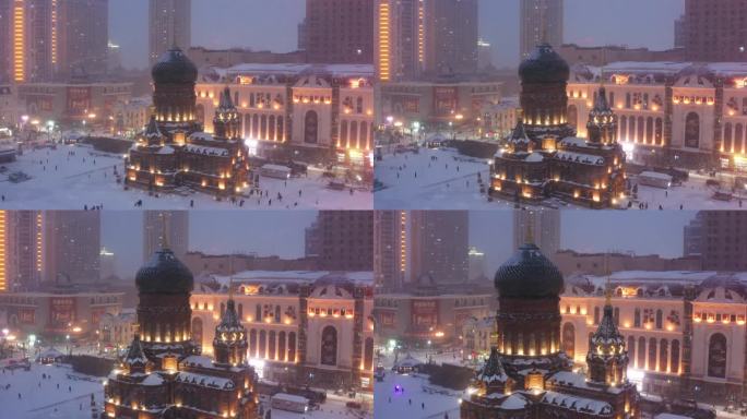 哈尔滨索菲亚教堂夜晚雪景航拍