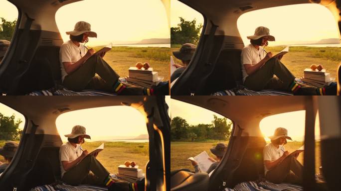 日落时分，年轻女子在车上写书