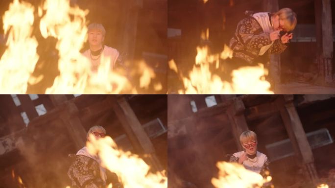酷炫男孩在火堆【4K】【升格】