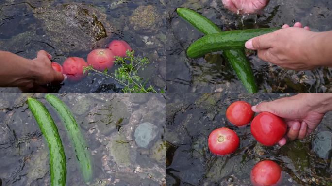 夏季清凉河水露营野炊黄瓜西红柿