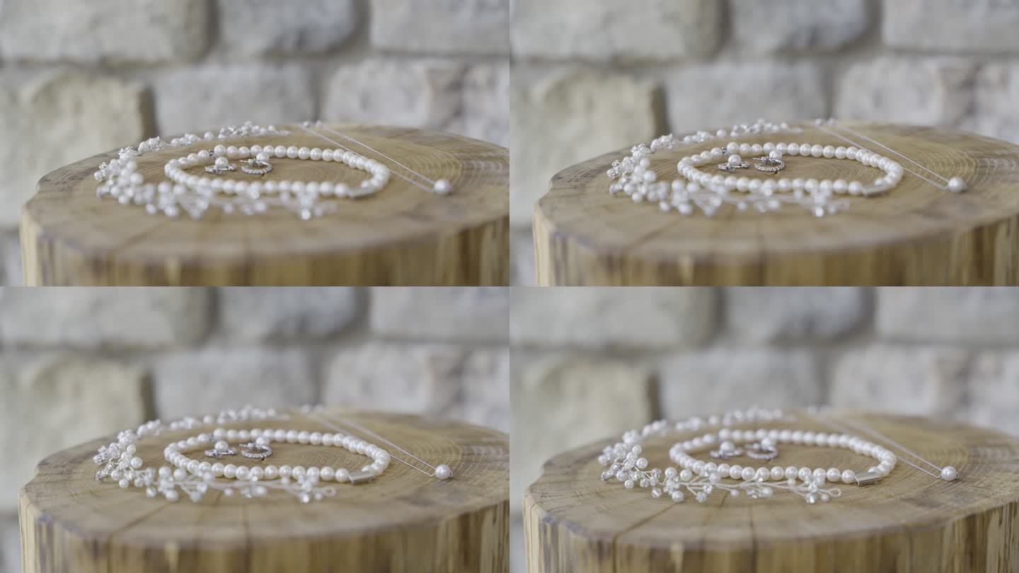 树桩底座上白色珠宝的细节拍摄