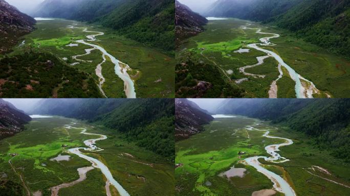 航拍雨中的川西莲花湖深处河谷湿地风光