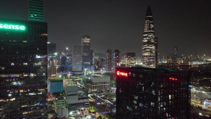 深圳南山区深圳湾建筑群夜景航拍