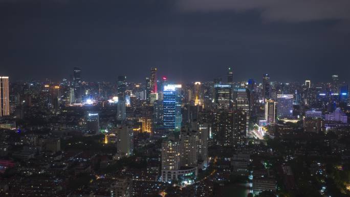 上海静安区现代商务楼夜景航拍延时