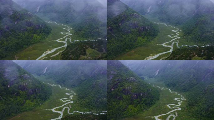 航拍雨中的川西莲花湖深处河谷湿地风光