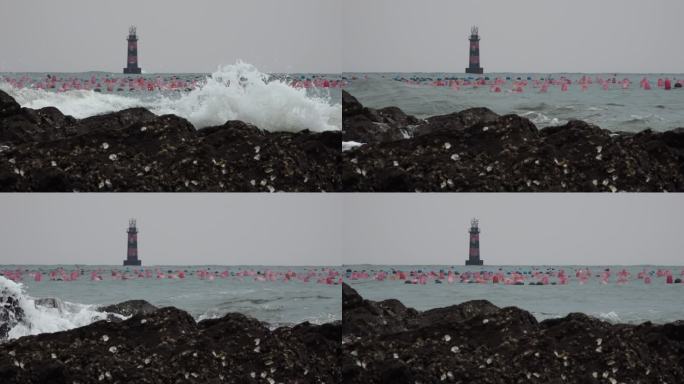 海水海面海平线渔船海鸥海浪礁石大浪浪涛