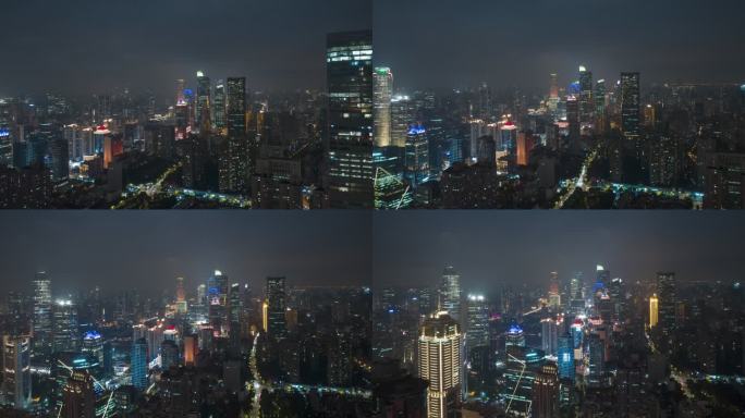 上海静安区现代商务楼夜景航拍延时