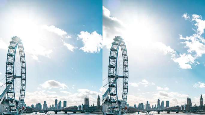伦敦眼和泰晤士河的时间倒影，伦敦天际线随着威斯敏斯特大桥移动的云层时间流逝
