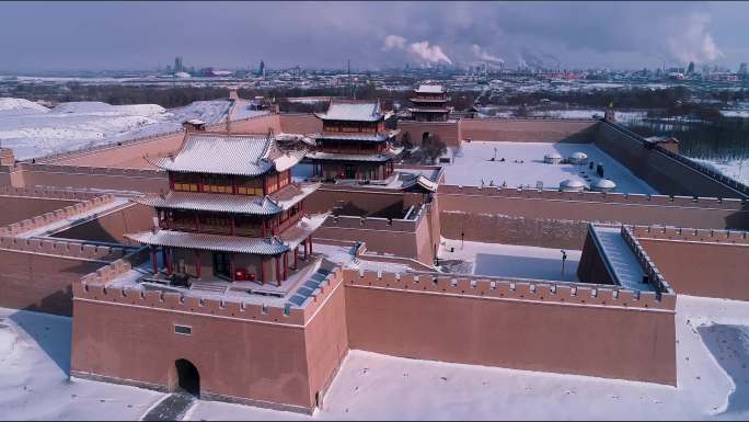 航拍雪后甘肃嘉峪关长城