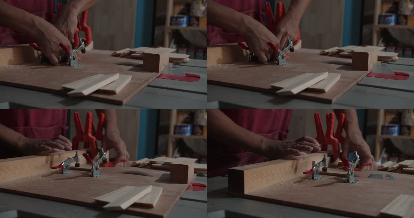技术木匠拿着木材部件木材材料