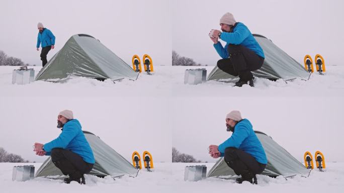 成熟的游客带着咖啡帐篷独自在大自然中的冬山露营。