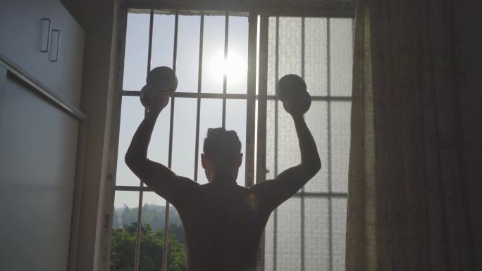 运动 健身 亚铃 阳光 窗口 早上