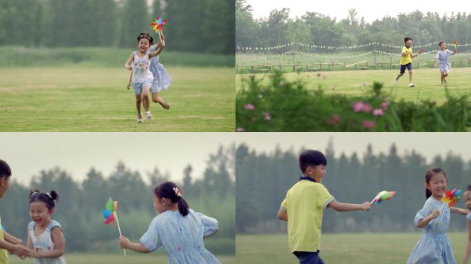 4K-夏令营郊游儿童玩耍童年伙伴纸风车
