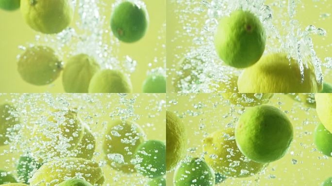 在绿色的工作室背景下，柠檬和酸橙被扔进汽水中。成熟、健康、多汁的水果在液体或液体中游泳，制成柠檬水或