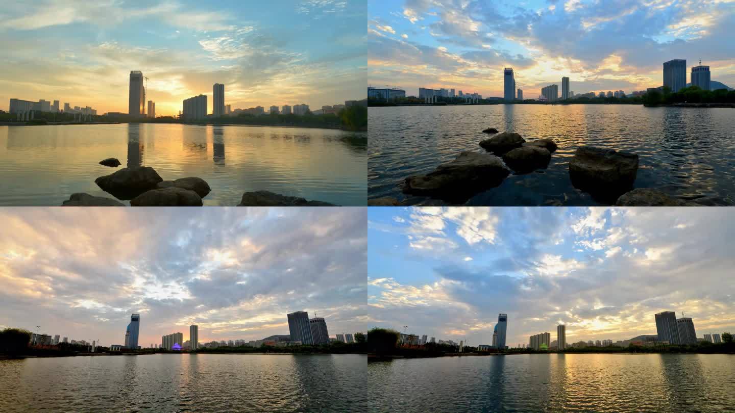 枣庄凤鸣湖清晨阳光延时摄影