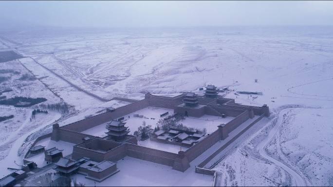 航拍雪后甘肃嘉峪关长城