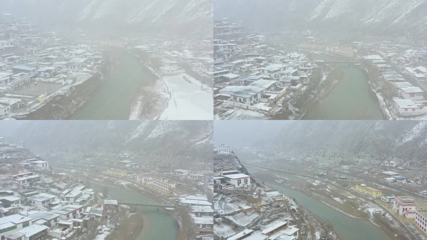 航拍川藏线上的藏族村庄大雪纷飞