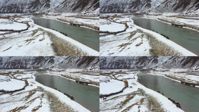 航拍川藏线上大雪覆盖的牧民村庄