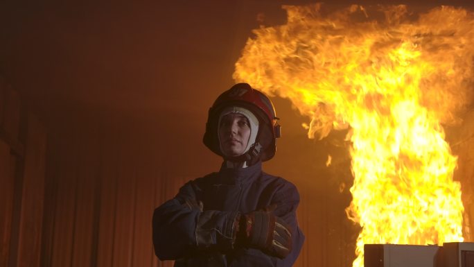 慢动作消防员站在镜头前，背景是火。