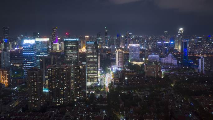 上海静安区现代商务楼夜景航拍延时