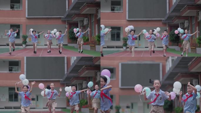 小学生拿着气球奔跑