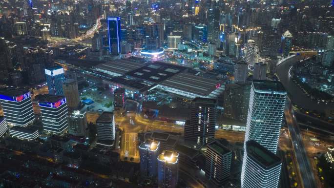 上海火车站夜景航拍延时