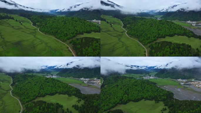 航拍雨后的鲁朗镇扎西岗村田园风光