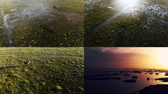 草原湿地的日落和水上雅丹日落的航拍