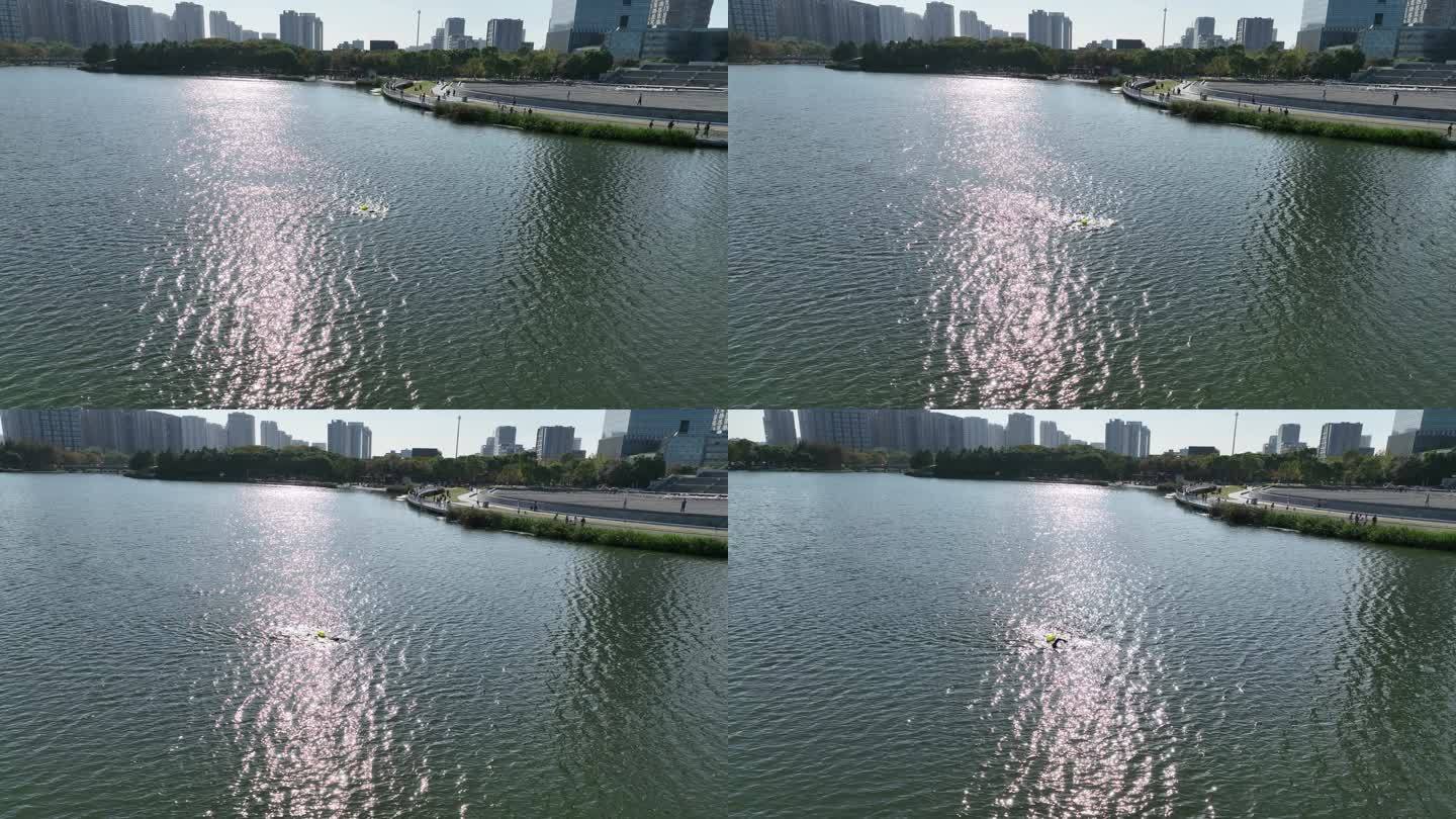 4K原素材-航拍上海远香湖游泳
