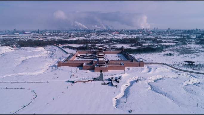 航拍雪后甘肃嘉峪关长城